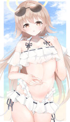 Rule 34 | 1girl, bare shoulders, bikini, bikini skirt, blue archive, blue sky, breasts, brown eyes, brown hair, cleavage, cloud, cloudy sky, collarbone, commentary request, detached sleeves, eyewear on head, frilled bikini, frills, groin, hair between eyes, halo, hand on own stomach, hifumi (blue archive), hifumi (swimsuit) (blue archive), highres, long hair, looking at viewer, low twintails, maddo (gasser 0518), medium breasts, navel, official alternate costume, parted lips, short sleeves, sidelocks, sky, small breasts, solo, spaghetti strap, spread navel, stomach, sunglasses, swimsuit, twintails, white bikini, wing hair ornament