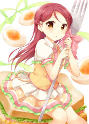 Rule 34 | 10s, 1girl, brown eyes, collared shirt, egg, food-themed clothes, fork, frilled sleeves, frills, half updo, hazuki (sutasuta), highres, holding, holding fork, layered skirt, long hair, looking at viewer, love live!, love live! school idol festival, love live! sunshine!!, necktie, open mouth, oversized object, puffy short sleeves, puffy sleeves, red hair, ribbon, sakurauchi riko, shirt, short sleeves, sitting on food, skirt, solo, vest