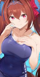 Rule 34 | 1girl, absurdres, bare arms, bare shoulders, blue gemstone, blue one-piece swimsuit, blush, breasts, brown hair, cleavage, closed mouth, clothes pull, collarbone, competition school swimsuit, competition swimsuit, covered navel, daiwa scarlet (umamusume), finger to cheek, fingernails, gem, hair between eyes, hair intakes, hand on own chest, highres, horse tail, huge filesize, large breasts, long fingernails, long hair, looking at viewer, one-piece swimsuit, one-piece swimsuit pull, pink eyes, pool, school swimsuit, seicoh, smile, solo, swimsuit, tail, tiara, twintails, umamusume, upper body, very long hair