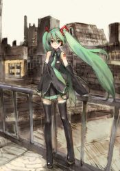 Rule 34 | 1girl, city, detached sleeves, green hair, hatsune miku, humi, long hair, necktie, railing, ribbon, solo, standing, thighhighs, toi8, twintails, very long hair, vocaloid, wind, zettai ryouiki