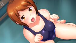 Rule 34 | 1girl, barefoot, blush, breasts, brown eyes, brown hair, covered erect nipples, feet, female focus, from above, game cg, indoors, legs, looking at viewer, medium breasts, one-piece swimsuit, onosato mina, open mouth, original, paw pose, psy-min appli -akumu no netorare game-, sameda koban, short hair, sitting, solo, swimsuit, thighs, toes