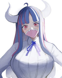 Rule 34 | 1girl, ahoge, blue hair, breasts, curled horns, highres, horns, kasuga kaya, large breasts, looking at viewer, mask, mouth mask, multicolored hair, one piece, pink eyes, pink hair, pink mask, shirt, solo, streaked hair, ulti (one piece), white shirt