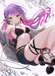 Rule 34 | 1girl, absurdres, armpits, bikini, bikini top only, black bikini, black footwear, black ribbon, black shorts, blush, breasts, closed mouth, commentary request, demon tail, green eyes, grey background, grey jacket, hair ribbon, highres, hololive, jacket, legs, long hair, looking at viewer, low twintails, medium breasts, multicolored hair, navel, open clothes, open jacket, pink hair, purple hair, ribbon, runlan 0329, shoes, shorts, smile, solo, swimsuit, tail, tokoyami towa, twintails, two-tone hair, virtual youtuber