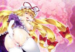 Rule 34 | 1girl, ass, bare shoulders, blonde hair, blush, breasts, breath, dress, elbow gloves, female masturbation, fingering, floral background, floral print, frills, from behind, full-face blush, garter straps, gloves, hair ribbon, hat, hat ribbon, highres, large breasts, long hair, looking at viewer, looking back, masturbation, mob cap, nipples, off shoulder, open mouth, puffy sleeves, purple dress, pussy, pussy juice, ribbon, saliva, short sleeves, smile, solo, sweat, thighhighs, tomomimi shimon, tongue, touhou, tress ribbon, uncensored, very long hair, white gloves, white thighhighs, yakumo yukari