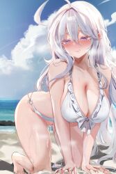 Rule 34 | 1girl, absurdres, ahoge, antenna hair, beach, bikini, bikini bottom aside, blue sky, blush, breasts, clenched teeth, clothing aside, cloud, collarbone, commentary request, day, dolechan, embarrassed, frilled bikini, frills, hair between eyes, highres, large breasts, long hair, looking at viewer, o-ring, o-ring bikini, ocean, original, outdoors, purple eyes, pussy juice, sky, solo, sweat, swimsuit, teeth, variant set, white bikini, white hair