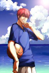 Rule 34 | 1boy, ball, basketball, basketball (object), blue shirt, blue sky, closed eyes, cloud, commentary request, day, eyebrows, facing viewer, grin, hand on own chin, highres, holding, holding ball, jewelry, kagami taiga, kuroko no basuke, male focus, necklace, ocean, outdoors, pants, red hair, ring, ring necklace, shirt, short hair, short sleeves, sky, smile, solo, sunlight, sweat, teeth, water, white pants, xuan zhi yue ying