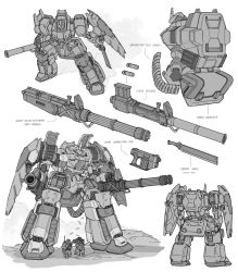 Rule 34 | 2boys, absurdres, armor, character sheet, commentary, dual wielding, english commentary, english text, from behind, full armor, gatling gun, greyscale, gun, highres, holding, holding gun, holding shield, holding weapon, knife, mecha, military, missile pod, monochrome, multiple boys, original, robot, rocket launcher, science fiction, shield, squatting, weapon, white background, zen (jirakun)
