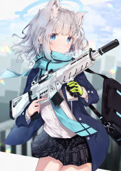 Rule 34 | 1girl, absurdres, animal ear fluff, animal ears, assault rifle, bag, blouse, blue archive, blue coat, blue eyes, blue necktie, blue scarf, blunt bangs, blurry, blurry background, blush, buttons, cat ears, cat girl, cloud, cloudy sky, coat, cowboy shot, cross hair ornament, day, earrings, floating scarf, gloves, grey hair, gun, hair ornament, halo, highres, holding, holding gun, holding weapon, id card, jacket, jewelry, lens flare, long hair, long sleeves, looking at viewer, necktie, open clothes, open jacket, plaid, plaid skirt, pleated skirt, rifle, scarf, school bag, school uniform, sena (sena soar), shiroko (blue archive), shirt, short hair, sidelocks, sig sauer 556, single glove, skirt, sky, solo, striped clothes, striped scarf, stud earrings, thighs, weapon, white shirt