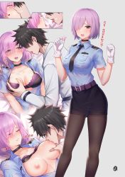 Rule 34 | 1boy, 1girl, black bra, black choker, black neckwear, black pantyhose, blue shirt, bra, breast sucking, breasts, choker, collarbone, commentary request, fate/grand order, fate (series), fujimaru ritsuka (male), gloves, highres, hua-j, kiss, large breasts, looking at viewer, mash kyrielight, necktie, nipples, pantyhose, pencil skirt, pink eyes, police, saliva, saliva trail, shirt, short sleeves, simple background, skirt, solo focus, tongue, tongue out, translation request, underwear, white gloves