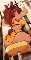 Rule 34 | 1girl, 2019, animal ears, arms up, ass, ass focus, bad id, bad pixiv id, black thighhighs, blush, borrowed character, bra, breasts, brown hair, cameltoe, commentary, curly hair, curvy, dark-skinned female, dark skin, english commentary, exercising, exercise machine, fat mons, green eyes, hand wraps, heavy breathing, highres, large breasts, long hair, looking at viewer, looking back, merunyaa, midriff, orange bra, orange shorts, original, pinup (style), ponytail, rabbit ears, rabbit tail, short shorts, shorts, signature, sitting, solo, sports bra, sweat, tail, thick thighs, thighhighs, thighs, toned, underwear, weightlifting