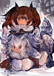 Rule 34 | 10s, 2girls, :&lt;, absurdres, bird tail, brown eyes, brown hair, brown jacket, commentary, commentary request, covering own ears, eurasian eagle owl (kemono friends), expressionless, fur trim, grey hair, hair between eyes, hair wings, highres, jacket, kaamin (mariarose753), kemono friends, lap pillow, looking at viewer, multicolored hair, multiple girls, northern white-faced owl (kemono friends), pantyhose, seiza, sitting, tail, tears, white hair, white jacket, white legwear, window
