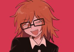 1boy :3 black_shirt blush commentary_request fangs glasses highres long_hair looking_at_viewer male_focus mameo_(mameo6416) open_mouth orange_hair portrait randal&#039;s_friends randal_ivory red_background red_theme shirt simple_background smug solo upper_body