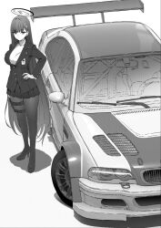 Rule 34 | 1girl, blue archive, bmw, bmw 3 series, bmw e46, bmw m3, breasts, buttons, car, closed mouth, greyscale, hair ornament, hairclip, halo, hand on own hip, high heels, highres, jacket, jun project, large breasts, long hair, monochrome, motor vehicle, need for speed, need for speed: most wanted (2005), pantyhose, pleated skirt, rio (blue archive), shoes, skirt, solo, spoiler (automobile), standing, sweater, very long hair