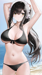 Rule 34 | 1girl, absurdres, armpits, arms up, beach, bikini, black bikini, black hair, blurry, blurry background, blush, breasts, brown eyes, cowboy shot, frilled hairband, frills, front-tie top, hairband, halterneck, haori io, highres, holding, holding own hair, large breasts, maid headdress, navel, ocean, original, outdoors, ponytail, sand, sidelocks, signature, solo, standing, stomach, swimsuit, wet, wet clothes, wet swimsuit, white hairband
