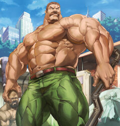 3boys alley biceps broad_shoulders brown_eyes brown_hair building city facial_hair final_fight grabbing_another&#039;s_head green_pants holding holding_lead_pipe itadori_shuu lead_pipe looking_up male_focus mike_haggar multiple_boys muscular muscular_arms muscular_male mustache pants pectorals short_hair thick_neck topless_male