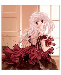 Rule 34 | 1girl, arehandora, bare shoulders, flower, long hair, original, petals, pink hair, red eyes, resized, rose, solo, wings
