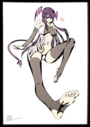 Rule 34 | 1girl, barefoot, black thighhighs, border, breasts, crotchless, crotchless panties, demon girl, demon tail, detached sleeves, feet, foot focus, foreshortening, green eyes, hair ornament, heart, jewelry, leg lift, long hair, looking at viewer, navel, original, panties, purple hair, soles, solo, tail, thighhighs, toe ring, toeless legwear, toes, tsuyu (louie7662), underwear