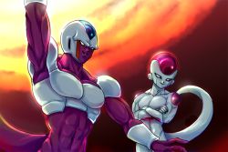 Rule 34 | 1990s (style), 2boys, arm up, armpits, artist request, black nails, brothers, colored skin, cooler (dragon ball), crossed arms, dragon ball, dragonball z, energy, evil, flying, forehead jewel, frieza, lips, lipstick, makeup, male focus, multiple boys, muscular, nail polish, outstretched arm, parted lips, purple skin, red eyes, retro artstyle, siblings, smile, tail, white skin