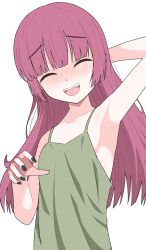 Rule 34 | 1girl, arm behind head, armpits, bare arms, bare shoulders, black nails, blunt bangs, blush, bocchi the rock!, closed eyes, commentary, dress, facing viewer, furrowed brow, green dress, hair down, halulu, highres, hiroi kikuri, long hair, nail polish, open mouth, pink hair, sharp teeth, simple background, sleeveless, sleeveless dress, smile, solo, teeth, upper body, white background