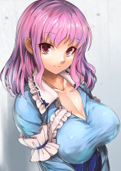 Rule 34 | 1girl, arm garter, blush, breasts, cleavage, closed mouth, collarbone, frilled shirt collar, frills, from side, highres, large breasts, long sleeves, looking at viewer, looking to the side, obi, pink hair, red eyes, saigyouji yuyuko, sash, sidelocks, smile, solo, touhou, umigarasu (kitsune1963), upper body
