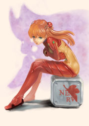 Rule 34 | 00s, 1girl, ass, blue eyes, bodysuit, box, covering privates, covering breasts, evangelion: 2.0 you can (not) advance, long hair, multicolored clothes, neon genesis evangelion, orange hair, plugsuit, rebuild of evangelion, red bodysuit, see-through, see-through bodysuit, shadow, shiny clothes, souryuu asuka langley, test plugsuit, very long hair, wide hips, zenox