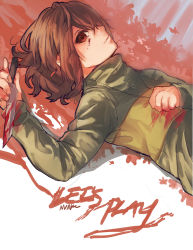 Rule 34 | androgynous, blood, blood on clothes, blood on face, bloody knife, bloody weapon, brown hair, chara (undertale), english text, flower (symbol), from side, gender request, highres, jewelry, knife, lying, necklace, nvalee, red eyes, shirt, signature, solo, spoilers, striped clothes, striped shirt, undertale, upper body, weapon