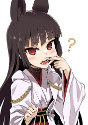 Rule 34 | 1girl, ?, animal ears, asanagi, azur lane, black hair, blunt bangs, extra ears, eyebrows, eyelashes, eyeliner, fangs, finger in own mouth, fingernails, fox ears, hand up, hands up, haori, highres, japanese clothes, lips, long fingernails, long hair, long sleeves, looking at viewer, makeup, mouth pull, nagato (azur lane), nagato (azur lane) (old design), open mouth, pink lips, pink pupils, raised eyebrow, red eyes, saliva, simple background, solo, straight hair, teeth, tongue, tsurime, turtleneck, upper body, white background, wide sleeves