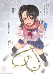 Rule 34 | 1girl, backpack, bag, black eyes, black hair, black socks, blue skirt, blush, bookbag, breasts, brown footwear, censored, clothes lift, drawing, footprints, from above, grey background, heart, hounyouin, kneehighs, long hair, long sleeves, looking at viewer, looking up, neckerchief, open mouth, peeing, pink scarf, red neckerchief, scarf, school uniform, shoes, side ponytail, skirt, skirt lift, small breasts, smile, snow, socks, sparkle, standing, star (symbol), sweater, teeth, v, white sweater