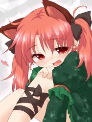 Rule 34 | 1girl, :d, alternate hairstyle, animal ears, blush, cat ears, cat girl, cat tail, extra ears, fang, female focus, heart, kaenbyou rin, leg ribbon, multiple tails, natsu no koucha, open mouth, red eyes, red hair, ribbon, simple background, smile, solo, tail, touhou, twintails, white background