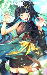 Rule 34 | 1girl, absurdres, aqua dress, black hair, black jacket, black mask, black nails, black shorts, blue eyes, blue hair, blush, colored inner hair, commentary request, dress, eyeshadow, fate/grand order, fate (series), fingernails, flower, hair flower, hair ornament, highres, jacket, long hair, looking at viewer, makeup, mask, mask on head, morita yuu, multicolored hair, official alternate costume, open mouth, red eyeshadow, shorts, solo, teeth, tenochtitlan (fate), two-tone hair, wavy hair, white flower