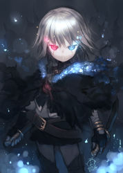 Rule 34 | 1girl, alternate costume, artist name, belt, black gloves, capriccio, cowboy shot, dagger, dated, dual wielding, fate/apocrypha, fate (series), fingerless gloves, gloves, glowing, glowing eyes, heterochromia, holding, jack the ripper (fate/apocrypha), knife, looking at viewer, miniskirt, parted lips, scar, scar across eye, scar on face, short hair, signature, silver hair, skirt, solo, weapon