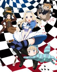 Rule 34 | 3girls, 502nd joint fighter wing, aleksandra i. pokryshkin, alice (alice in wonderland), alice (alice in wonderland) (cosplay), alice in wonderland, animal costume, animalization, blonde hair, blue eyes, brave witches, card, cat costume, checkered background, cheshire cat (alice in wonderland), cheshire cat (cosplay), cosplay, dress, hat, kaneko (novram58), kanno naoe, long hair, mad hatter (alice in wonderland), mad hatter (alice in wonderland) (cosplay), march hare (cosplay), march hare (wonderland), multiple girls, nikka edvardine katajainen, open mouth, panties, playing card, rabbit, short hair, strike witches, striped clothes, striped legwear, striped thighhighs, thighhighs, top hat, underwear, waltrud krupinski, world witches series