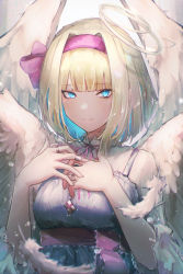 Rule 34 | 1girl, absurdres, adapted costume, alice margatroid, angel wings, blonde hair, blue eyes, blunt bangs, blurry, blurry foreground, bow, breasts, closed mouth, commentary request, depth of field, falling feathers, feathered wings, feathers, fuunyon, hair bow, hair intakes, hairband, halo, hands on own chest, hands up, highres, jewelry, light blush, light smile, medium breasts, moire, necklace, purple bow, purple hairband, purple neckwear, red sash, ring, sash, short hair, simple background, slit pupils, solo, sparkle, touhou, upper body, white background, wings