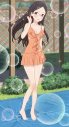 Rule 34 | 10s, 1girl, anime screenshot, barefoot, black hair, blue eyes, day, feet, glasses, highres, long hair, outdoors, saitou kaede (yama no susume), screencap, solo, sparkle, standing, stitched, swimsuit, third-party edit, yama no susume