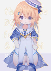 Rule 34 | 1girl, anchor symbol, blue eyes, blue footwear, blue shirt, boots, closed mouth, commentary request, d omm, eyes visible through hair, hair over one eye, hand on own knee, hat, hugging own legs, light brown hair, looking at viewer, original, panties, pleated skirt, puffy short sleeves, puffy sleeves, sailor collar, sailor hat, school uniform, serafuku, shirt, short sleeves, skirt, smile, solo, text background, thighhighs, tilted headwear, underwear, white hat, white panties, white sailor collar, white skirt, white thighhighs, yellow neckwear