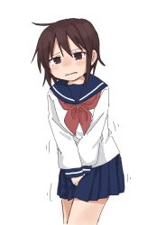 Rule 34 | 1girl, between legs, blue sailor collar, blue skirt, blush, brown eyes, brown hair, clenched teeth, cowboy shot, female focus, flat chest, half-closed eyes, hand between legs, have to pee, highres, long sleeves, looking at viewer, matching hair/eyes, miniskirt, neckerchief, nose blush, original, own hands together, pleated skirt, ponnu (tnpn2yw), red neckerchief, sailor collar, school uniform, serafuku, shirt, short hair, sidelocks, simple background, skirt, solo, standing, teeth, thighs, v arms, wavy mouth, white background, white shirt