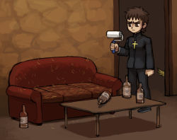 Rule 34 | 1boy, animalization, bottle, brown eyes, couch, cross, cross necklace, dog, emlan, fate/zero, fate (series), fur, gilgamesh (fate), indoors, jitome, kotomine kirei, male focus, roller, short hair, truth