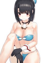 Rule 34 | 10s, 1girl, adapted costume, ascot, beret, bikini, black gloves, black hair, breasts, choker, cleavage, gloves, hat, kantai collection, kfr, red eyes, short hair, simple background, smile, solo, swimsuit, takao (kancolle), white background