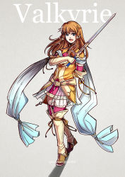 Rule 34 | 1girl, blue eyes, boots, braid, brown hair, fingerless gloves, fire emblem, fire emblem: path of radiance, fire emblem: radiant dawn, gloves, grey background, gzei, holding, holding sword, holding weapon, long hair, mist (fire emblem), nintendo, scarf, simple background, skirt, solo, sword, weapon