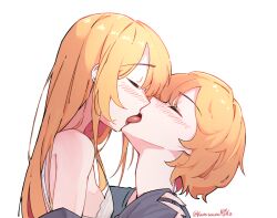 Rule 34 | 1boy, 1girl, bare shoulders, blonde hair, blush, bra, brother and sister, closed eyes, commentary, english commentary, french kiss, from side, hair between eyes, hetero, hoshino aquamarine, hoshino ruby, incest, karasawa miko, kiss, lace, lace-trimmed bra, lace trim, long hair, open mouth, oshi no ko, partially undressed, short hair, siblings, sidelocks, simple background, sleeves past wrists, tongue, twincest, twins, twitter username, underwear, upper body, white background, white bra
