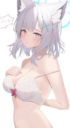 Rule 34 | !, !!, 1girl, absurdres, animal ear fluff, animal ears, blue archive, blue eyes, blue halo, blush, bra, breasts, cleavage, collarbone, cross hair ornament, grey hair, hair between eyes, hair ornament, halo, highres, looking at viewer, medium breasts, medium hair, open mouth, shiroko (blue archive), simple background, solo, spoken blush, spoken exclamation mark, underwear, upper body, white background, white bra, wolf ears, xochi (nueeen6978)