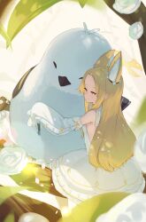 Rule 34 | 1girl, absurdres, animal ears, backless dress, backless outfit, bird, blonde hair, blue archive, bright pupils, closed mouth, commentary request, dappled sunlight, detached sleeves, dress, forehead, fox ears, fox girl, half-closed eyes, halo, highres, hug, jitome, long hair, long sleeves, looking at viewer, mini person, minigirl, narrowed eyes, parted bangs, sailor collar, seia (blue archive), sitting on branch, sleeves past fingers, sleeves past wrists, smile, solo, sparrow, sunlight, uito yzwa, very long hair, white dress, white pupils, white sailor collar, yellow eyes