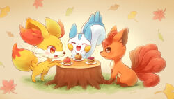 Rule 34 | absurdres, autumn leaves, brown eyes, cake, closed eyes, closed mouth, creatures (company), falling leaves, fennekin, food, fruit, game freak, gen 1 pokemon, gen 4 pokemon, gen 6 pokemon, ginkgo leaf, highres, leaf, looking at another, maple leaf, nintendo, on grass, open mouth, pachirisu, pokemon, red eyes, shii (no-va could), smile, standing, sweets, tree stump, vulpix