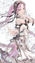 Rule 34 | 1girl, armband, black ribbon, choker, dress, earrings, fate/grand order, fate (series), floral background, frilled armband, frilled choker, frilled dress, frilled hairband, frills, hair ornament, hair ribbon, hairband, headdress, highres, jewelry, lolita hairband, long hair, looking at viewer, modotteku, petite, purple eyes, purple hair, reaching, reaching towards viewer, ribbon, ribbon-trimmed hairband, smile, solo, stheno (fate), strapless, strapless dress, twintails, very long hair, white dress