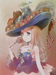 Rule 34 | 1girl, asymmetrical sleeves, bare shoulders, blonde hair, blue hat, breasts, cake, cleavage, collarbone, corset, detached sleeves, dress, drill hair, feathers, flag, food, food on head, fork, ft-17, girls und panzer, green eyes, hand fan, hat, hat feather, long hair, looking at viewer, macaron, marie (girls und panzer), military, military vehicle, motor vehicle, object on head, ribbon, smile, solo, standing, tank, umbrella, uneven sleeves, yurikuta tsukumi