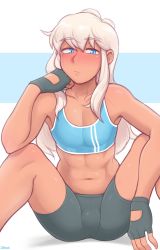 Rule 34 | 1boy, :/, androgynous, bare shoulders, bike shorts, black gloves, blue eyes, blue tank top, blush, bulge, cody (dross), collarbone, colored skin, commentary, crop top, dross, english commentary, fingerless gloves, gloves, highres, long hair, looking at viewer, male focus, midriff, navel, original, simple background, sitting, solo, spread legs, tank top, trap