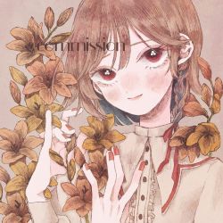 Rule 34 | 1girl, blush, braid, brown background, brown hair, commission, flower, hands up, highres, long sleeves, momo walnut, nail polish, orange nails, original, plant, red eyes, red ribbon, ribbon, shirt, short hair, simple background, smile, solo, upper body, white shirt, yellow flower