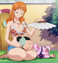 Rule 34 | 1boy, 1girl, age difference, bikini, bikini top only, breasts, cleavage, closed eyes, dressrosa, hand fan, highres, japanese clothes, kouzuki momonosuke, lap pillow, nami (one piece), one piece, screencap, shorts, stitched, swimsuit, third-party edit, thousand sunny