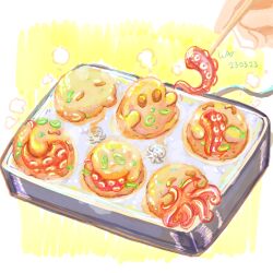 Rule 34 | cococatng, dated, food, food focus, original, out of frame, steam, suction cups, takoyaki, takoyaki pan, tentacles, toothpick, yellow background