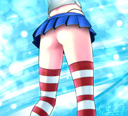 Rule 34 | 10s, 1girl, 2014, ass, ass focus, black panties, blue background, close-up, crop top, dated, from behind, from below, highleg, highleg panties, highres, kantai collection, microskirt, midriff, miru (millefeuille), panties, pleated skirt, shimakaze (kancolle), signature, skirt, solo, striped clothes, striped thighhighs, thighhighs, thong, underwear, upskirt
